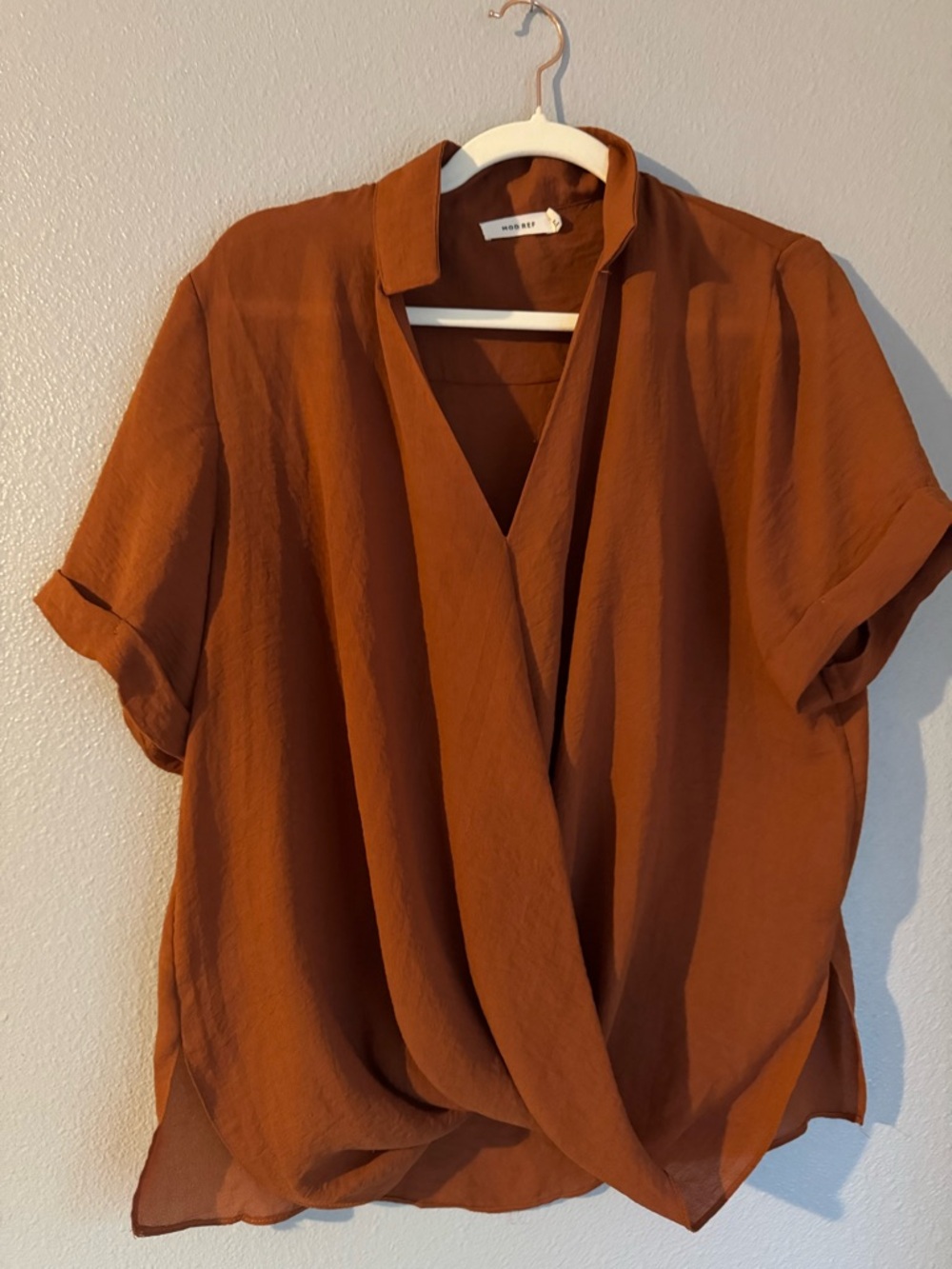 Mod Ref rust draped crossover short sleeve blouse